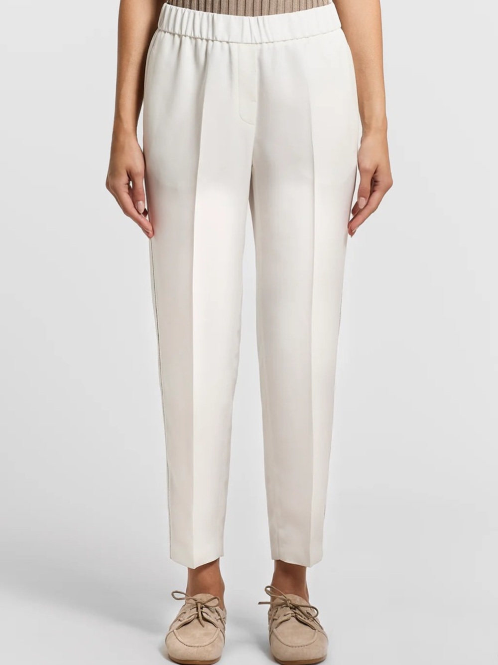 Peserico Viscose Cady Beaded Chain Trim Trousers Ankle-Length White Cream 48 12